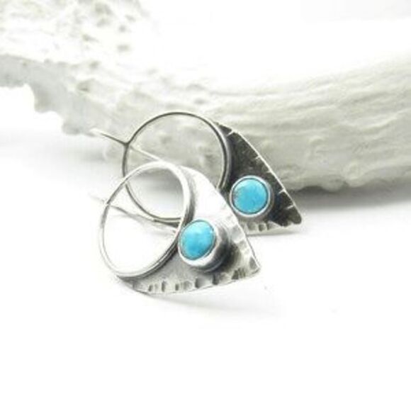 SILVER TURQUOISE GEOMETRIC BOHO WESTERN TRIBAL DANGEL EARRINGS - Picture 4 of 5